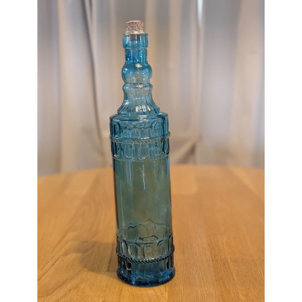 13" Tall Blue Glass Bottle Raised Design W/ Cork Home Decorative Collectibles